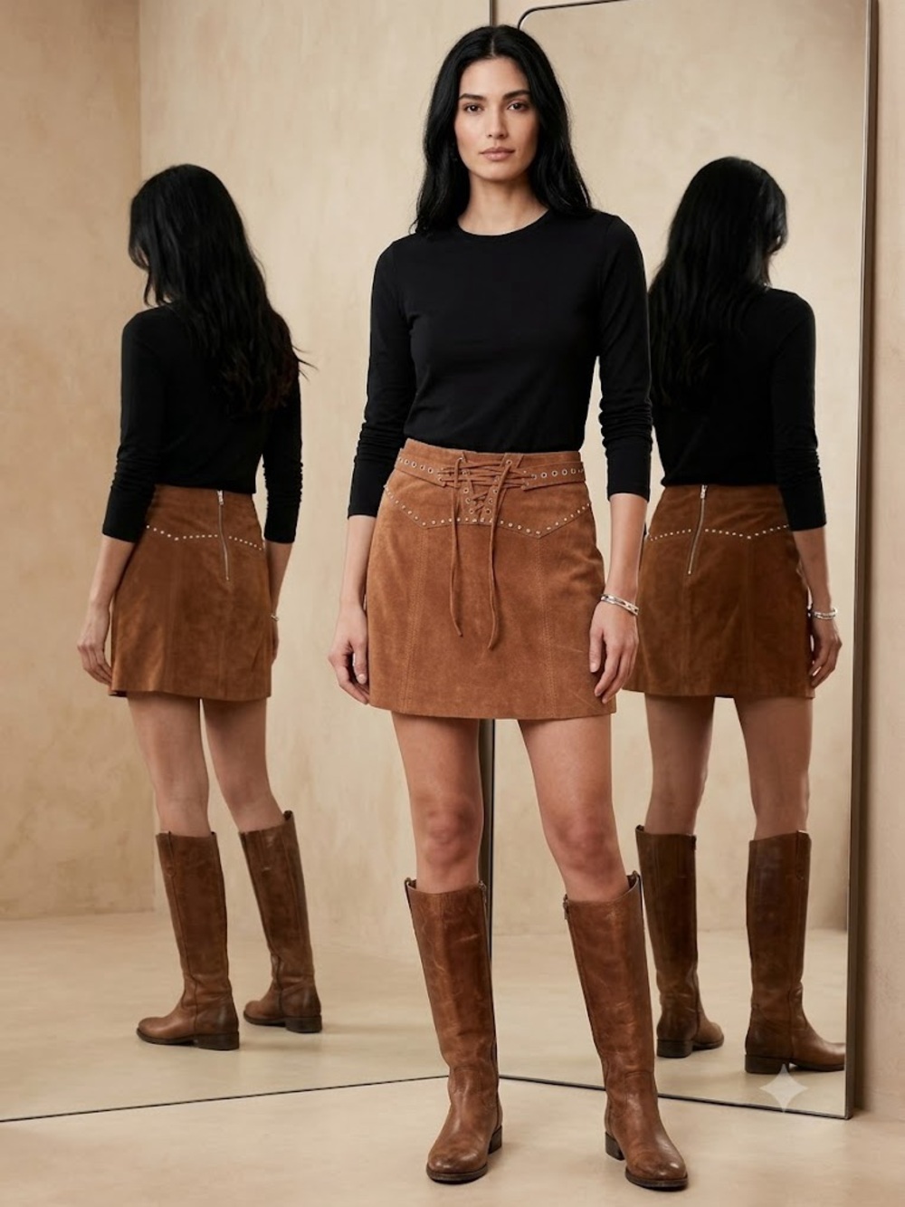 Muubaa 100% Suede Leather Mini Skirt Tan Western Boho Lace Up Stud Detail Sz 10